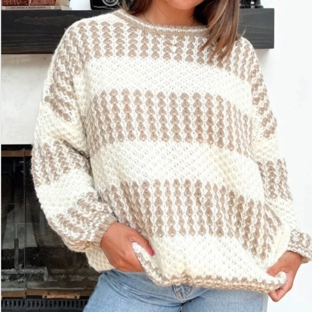 Vine & Love Womens L Striped Chunky Knit Sweater Cream Tan Cabincore Hygge Cozy